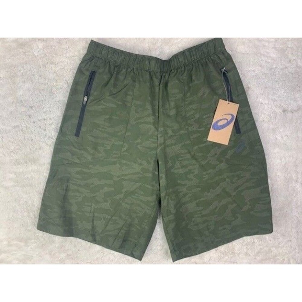 Asics Size S Mens Training Shorts Athletic New Green Pattern Stretch Zip Pockets